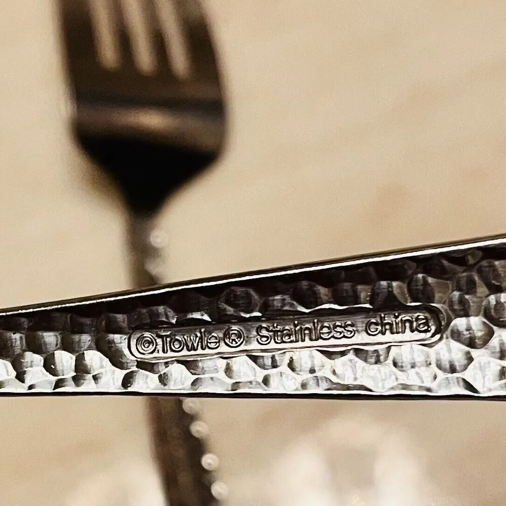 Set Of Towle Logan Hammered Stainless Serving Spoon & Serving Fork 8 3/4